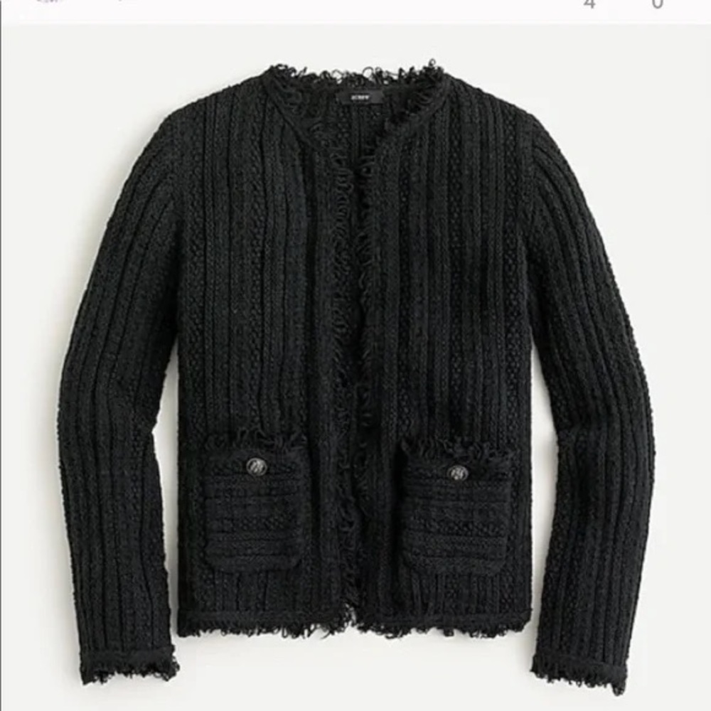 NWT J Crew crochet sweater jacket black size S small Fringe trim 2 pockets